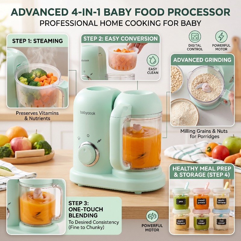 Baby Food Gerber - เครื่องบดอาหารเด็กอัตโนมัติขนาดเล็ก ความแม่นยำสูง 4 in 1 พร้อมฟังก์ชั่นนึ่ง