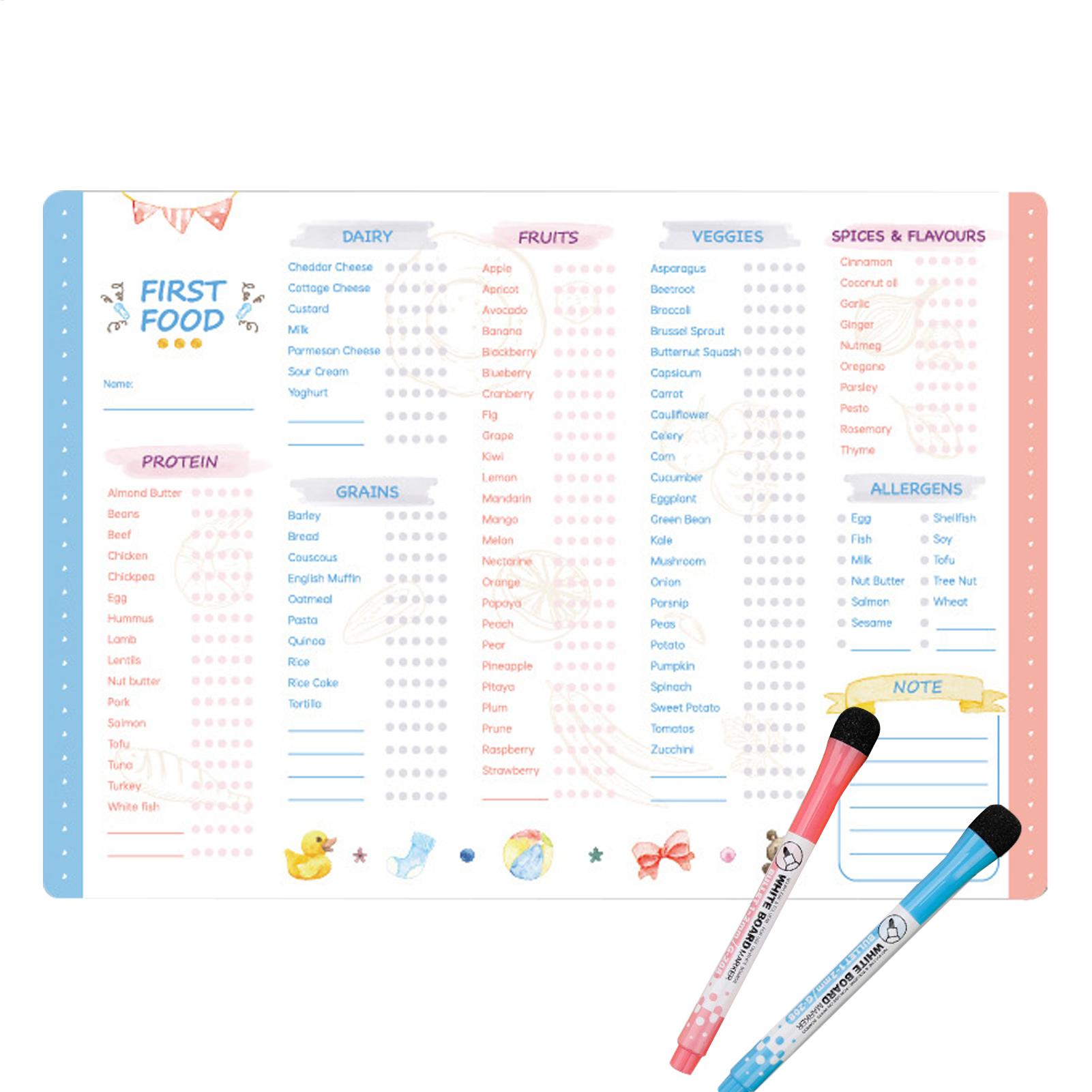 Baby Food Tracker - แผนภูมิอาหารสำหรับเด็กแรกเกิด แผ่นแม่เหล็กตรวจสอบอาหารสำหรับเด็กแรกเกิด แผ่นติดตามอาหารสำหรับเด็กแรกเกิดอเนกประสงค์ แผ่นวางแผนอาหารแม่เหล็กแบบทำซ้ำได้